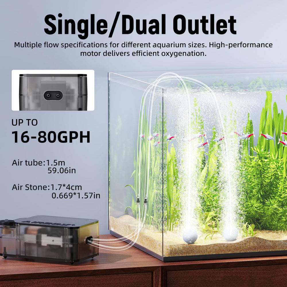 AQUASMITH Aquarium Air Pump with Air Stone Bubblers kit enhances visible bubbles.