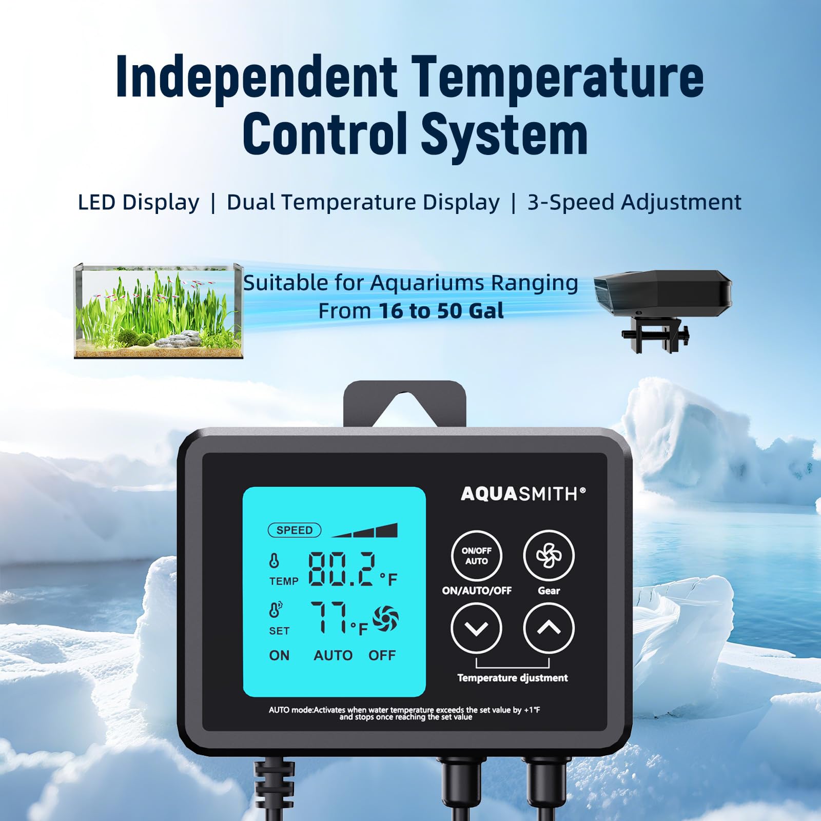 AQUASMITH Control Panel close-up highlighting independent temperature display and real-time readings