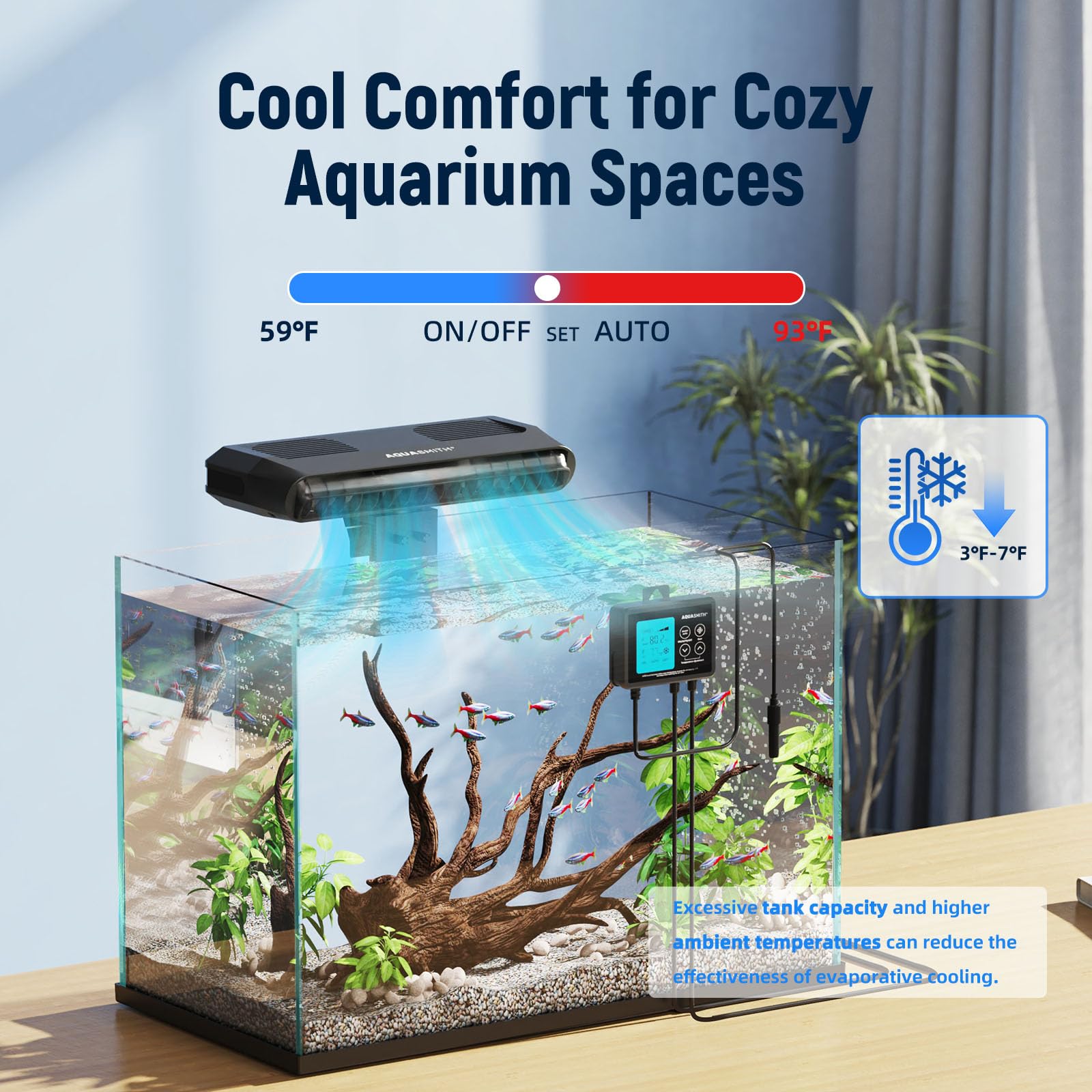 AQUASMITH Aquarium Chiller Fan side view showing compact fit for varied aquariums