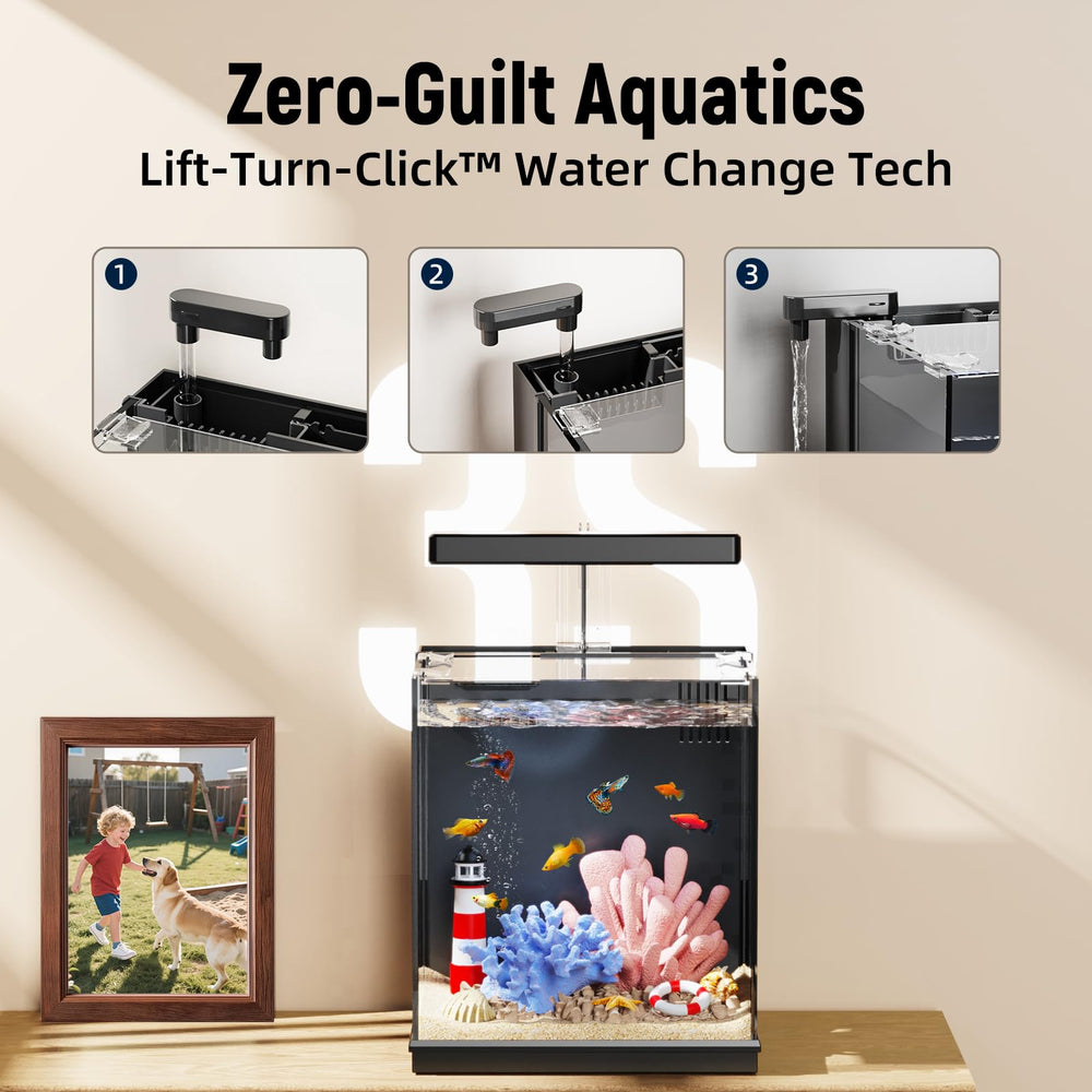 AQUASMITH Beta water-change feature shows quick Lift-Turn-Click access for easy maintenance.