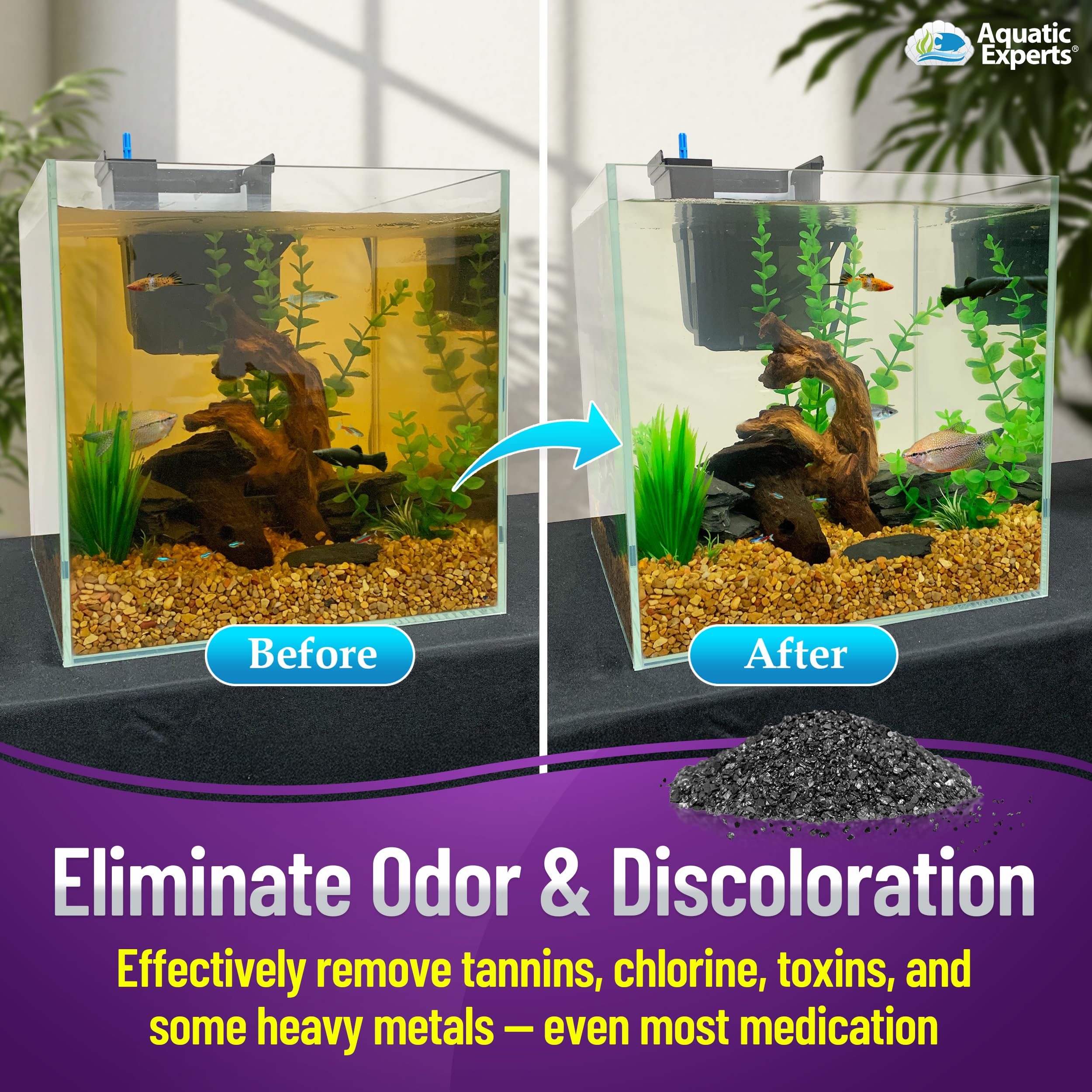 Aquatic Experts carbon granules closeup highlight large surface area for adsorption.