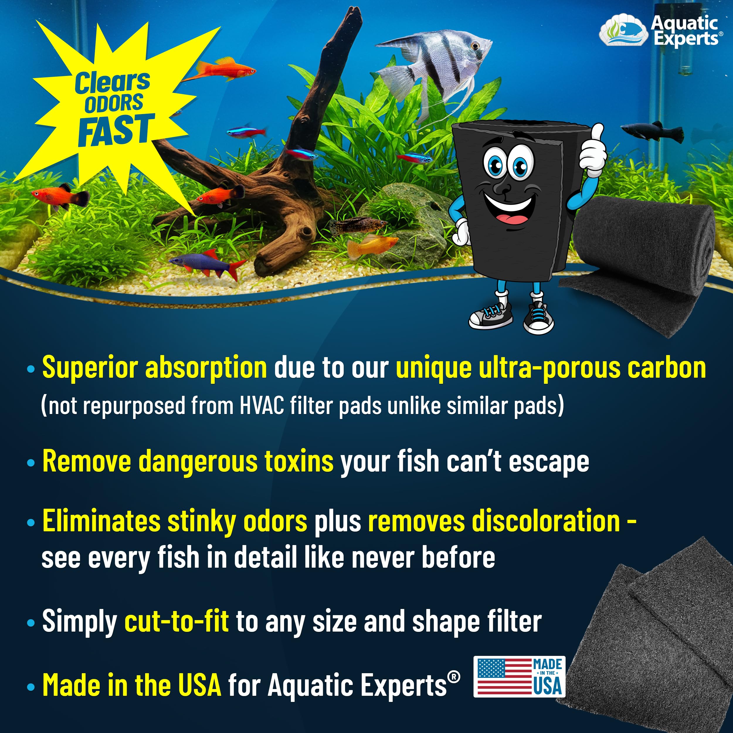 Aquatic Experts Carbon Pad water-clarity shows improved crystal-clear aquarium water.
