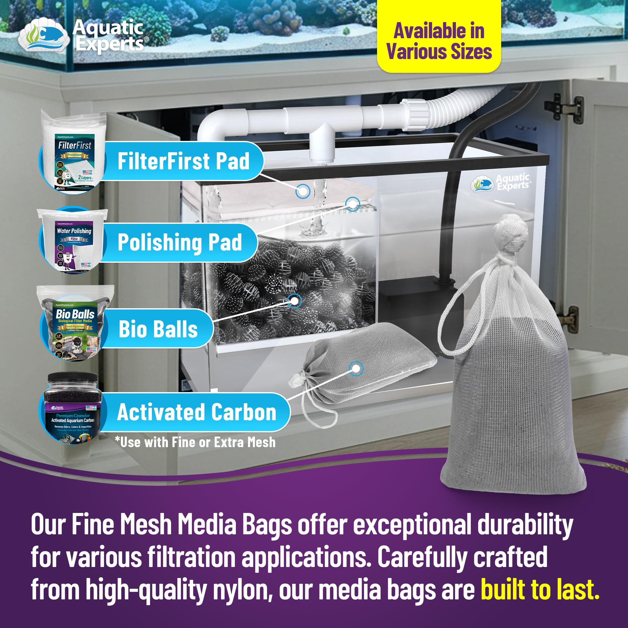 Aquatic Experts compatibilidad amplia: carbón activado, zeolita, turba y coral triturado.