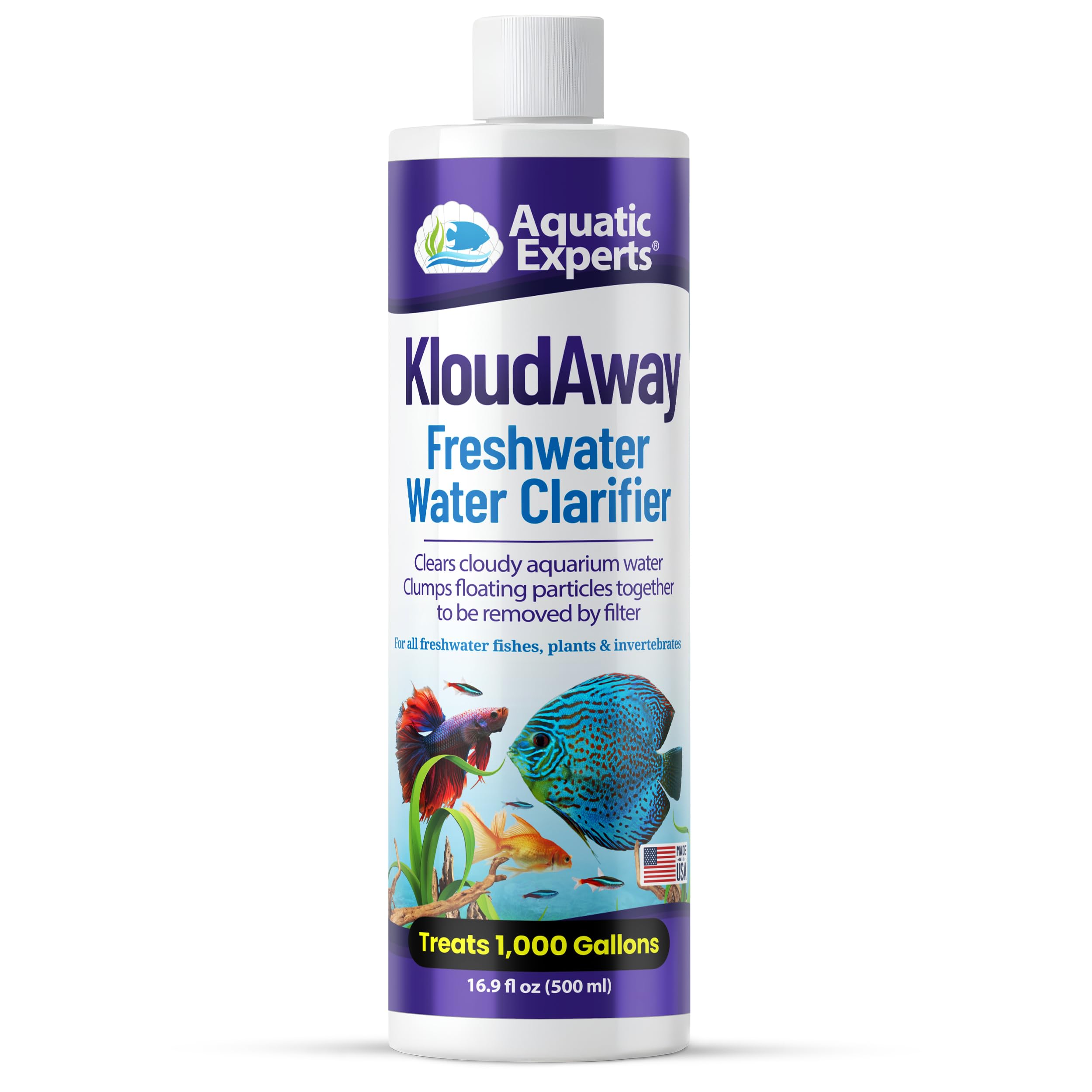 Aquatic Experts KloudAway bottle close-up shows 500 ml size for freshwater tanks.
