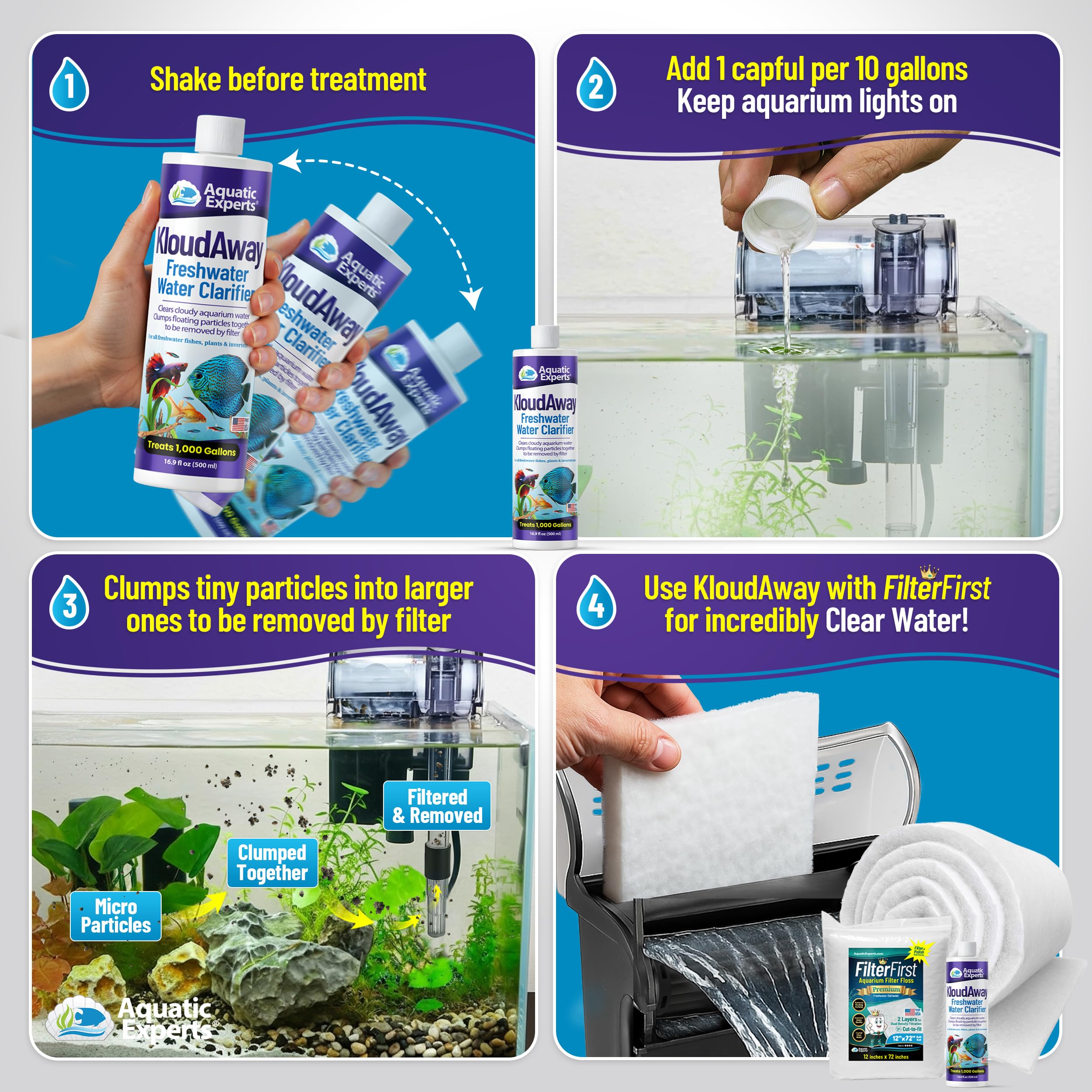 KloudAway yields visibly clearer water in a fish tank after treatment.