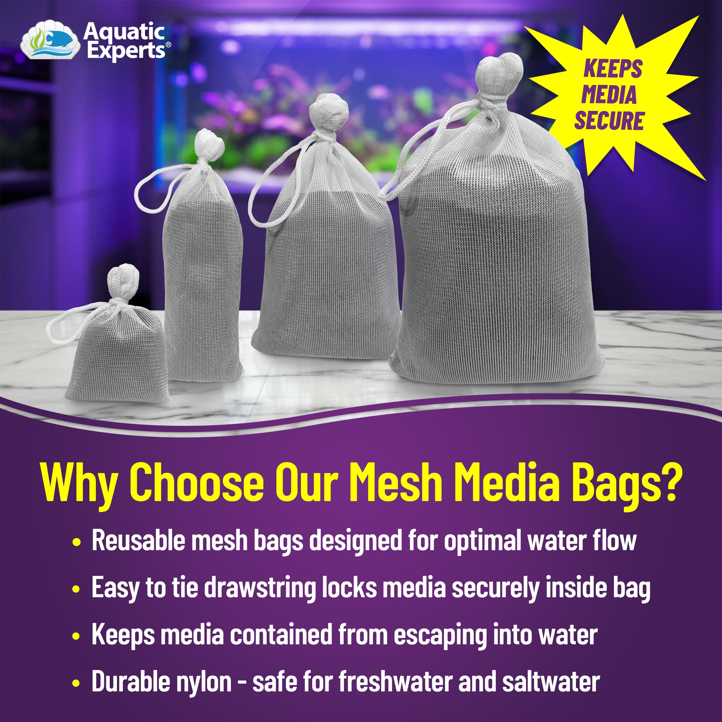 Aquatic Experts malla de 450 micrones para medios, flujo de agua eficiente.