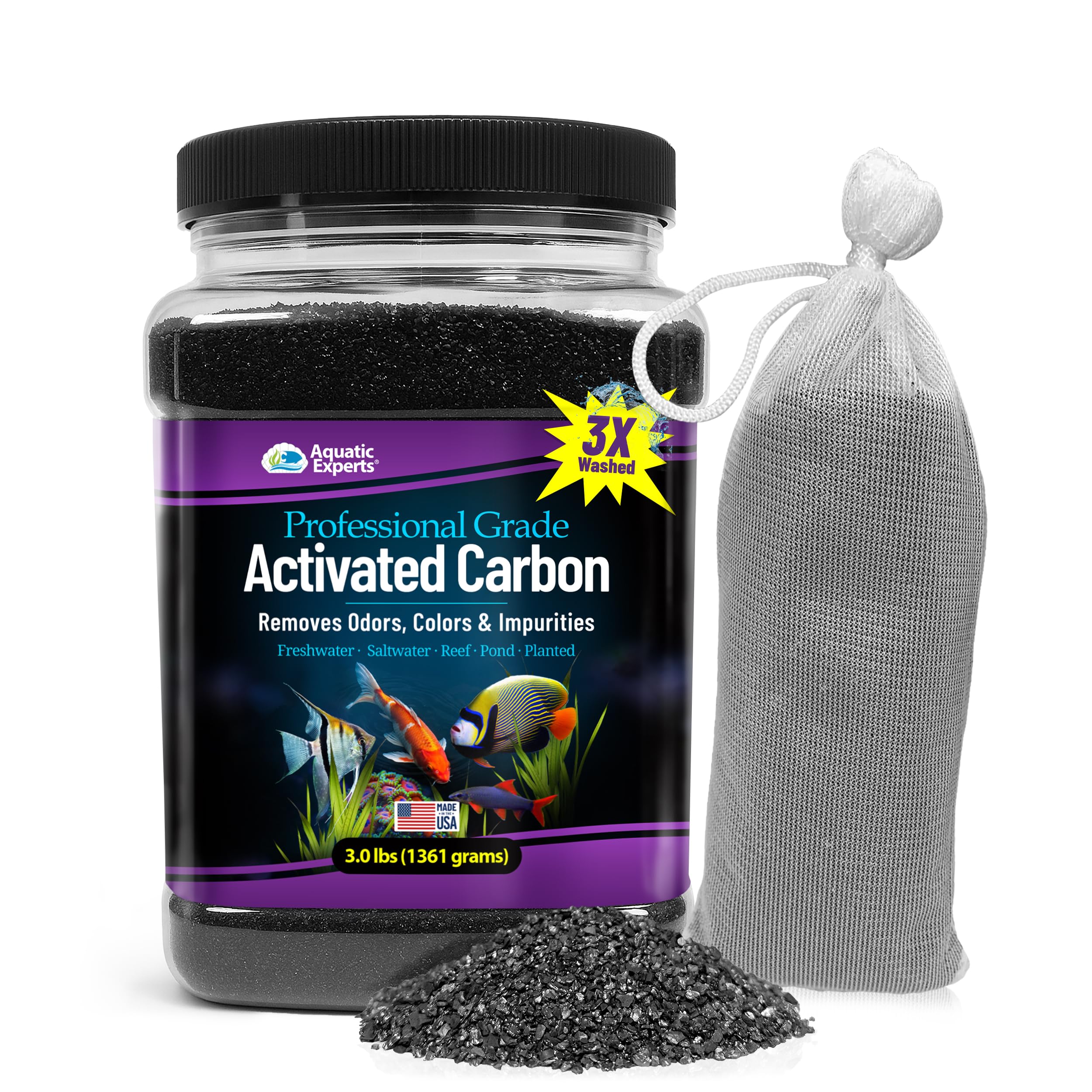 Aquatic Experts Premium Activated Carbon bag ready for filtration improves water clarity.