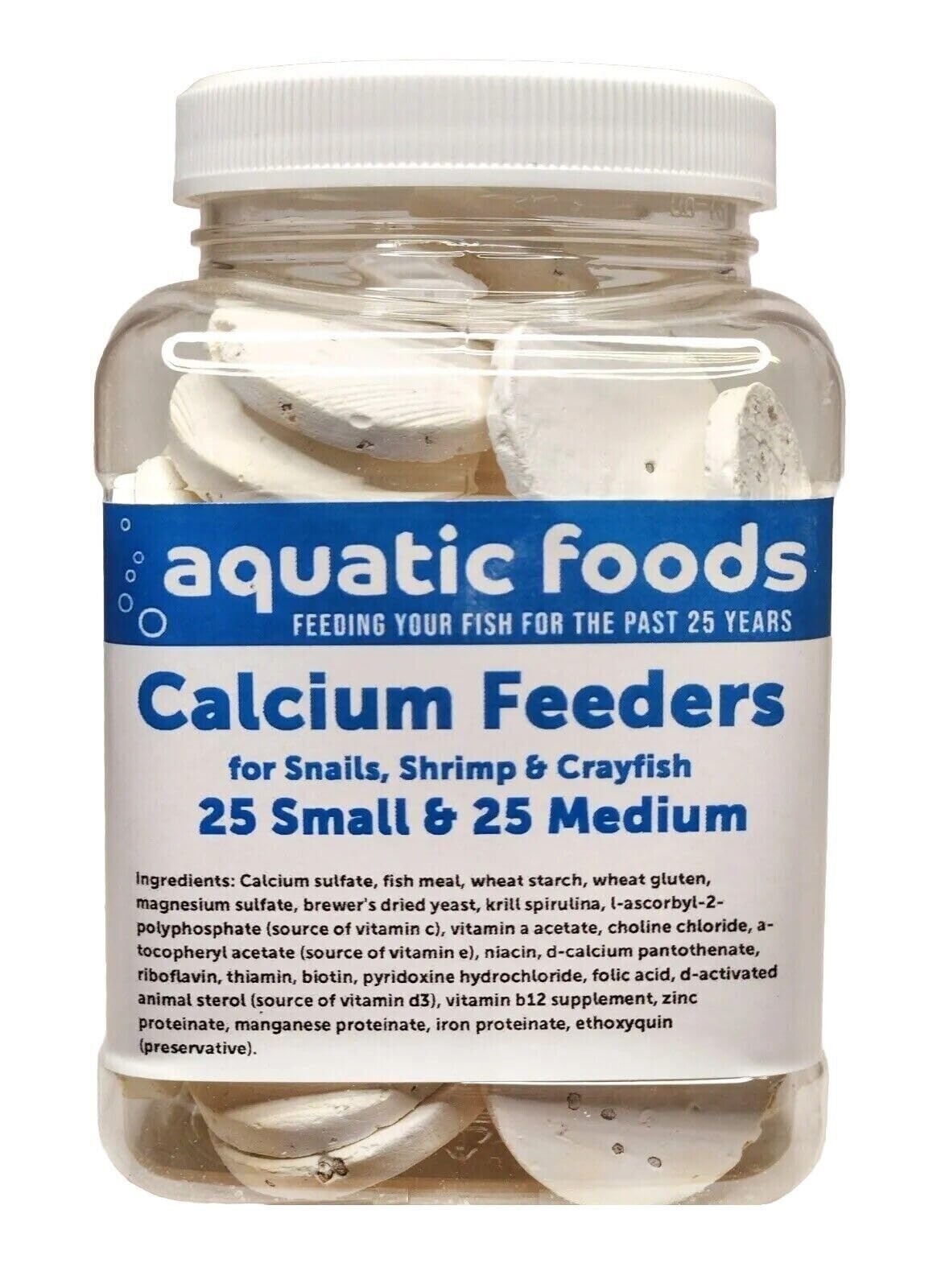 Aquatic Foods Inc. calcium feeders disk small-jar front view promotes shell health and balanced nutrition.