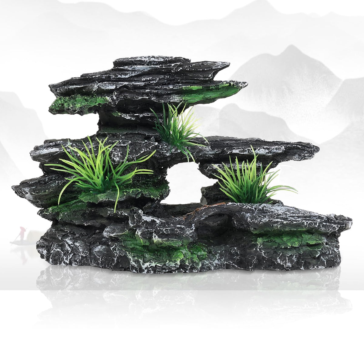 Aquazoo mountain-view stone ornament with natural hideouts for shy fish.