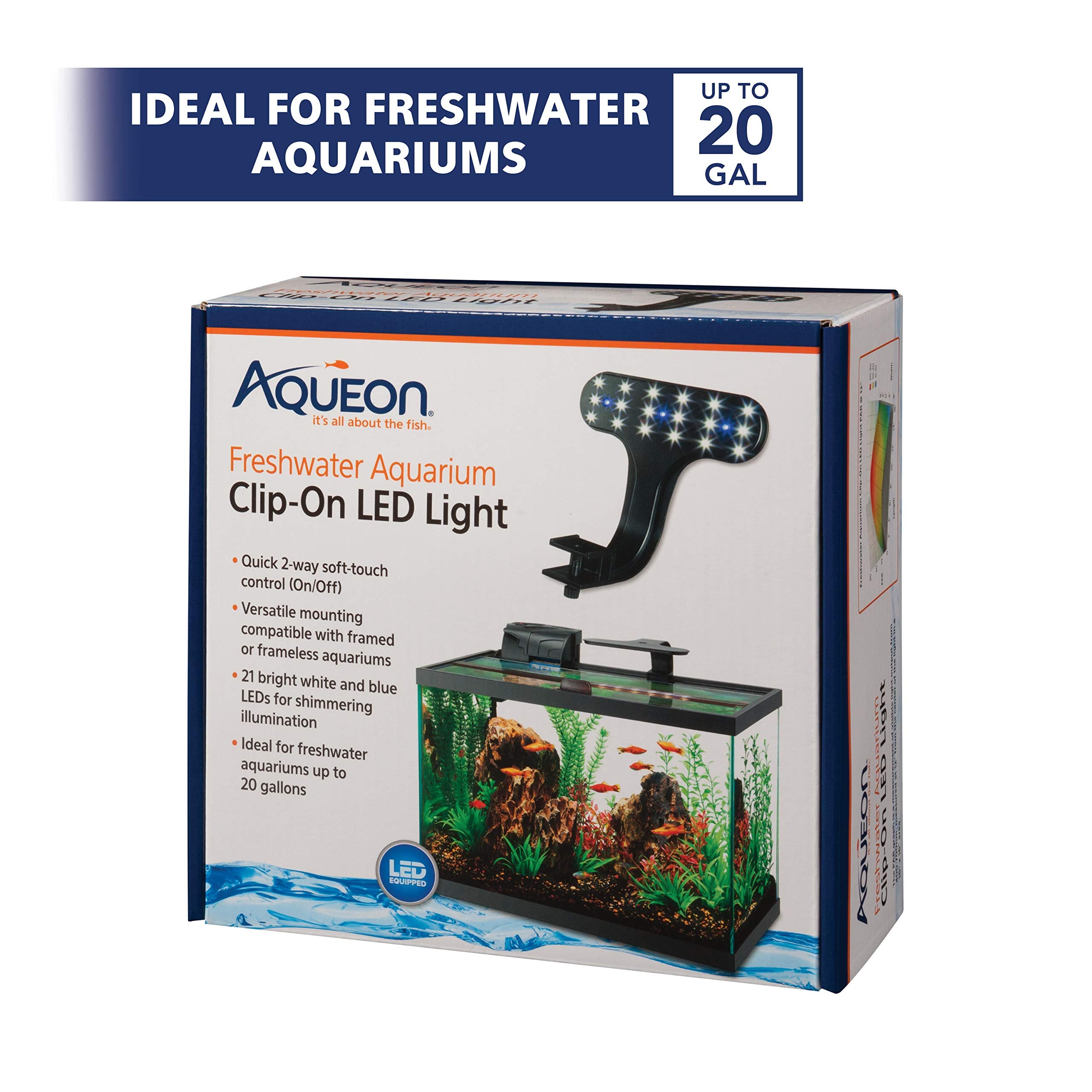 Aqueon clip-on light mounted on framed or frameless tanks for flexible installation.