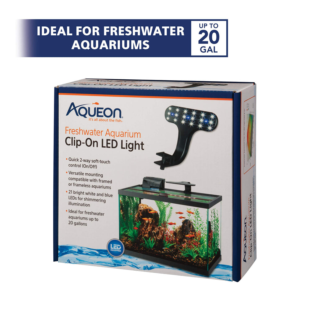 Aqueon clip-on light mounted on framed or frameless tanks for flexible installation.
