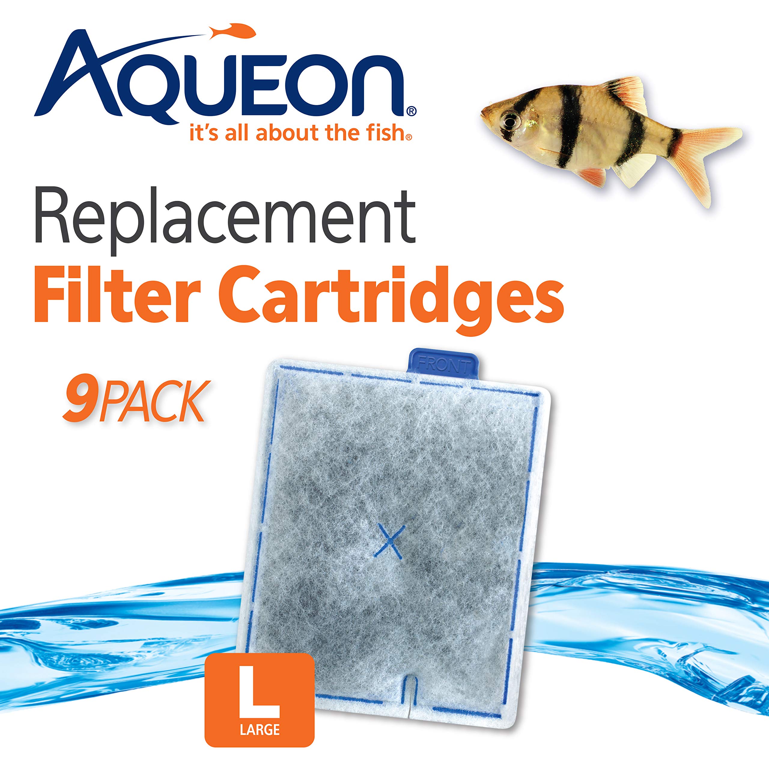 Aqueon cartridge close-up shows activated carbon loading for stronger filtration.
