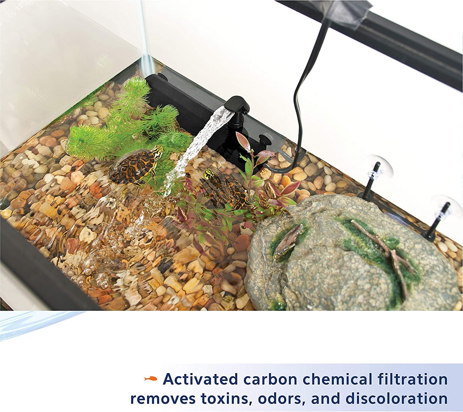 Aqueon filter cartridge close-up reveals laminated foam and carbon layers.