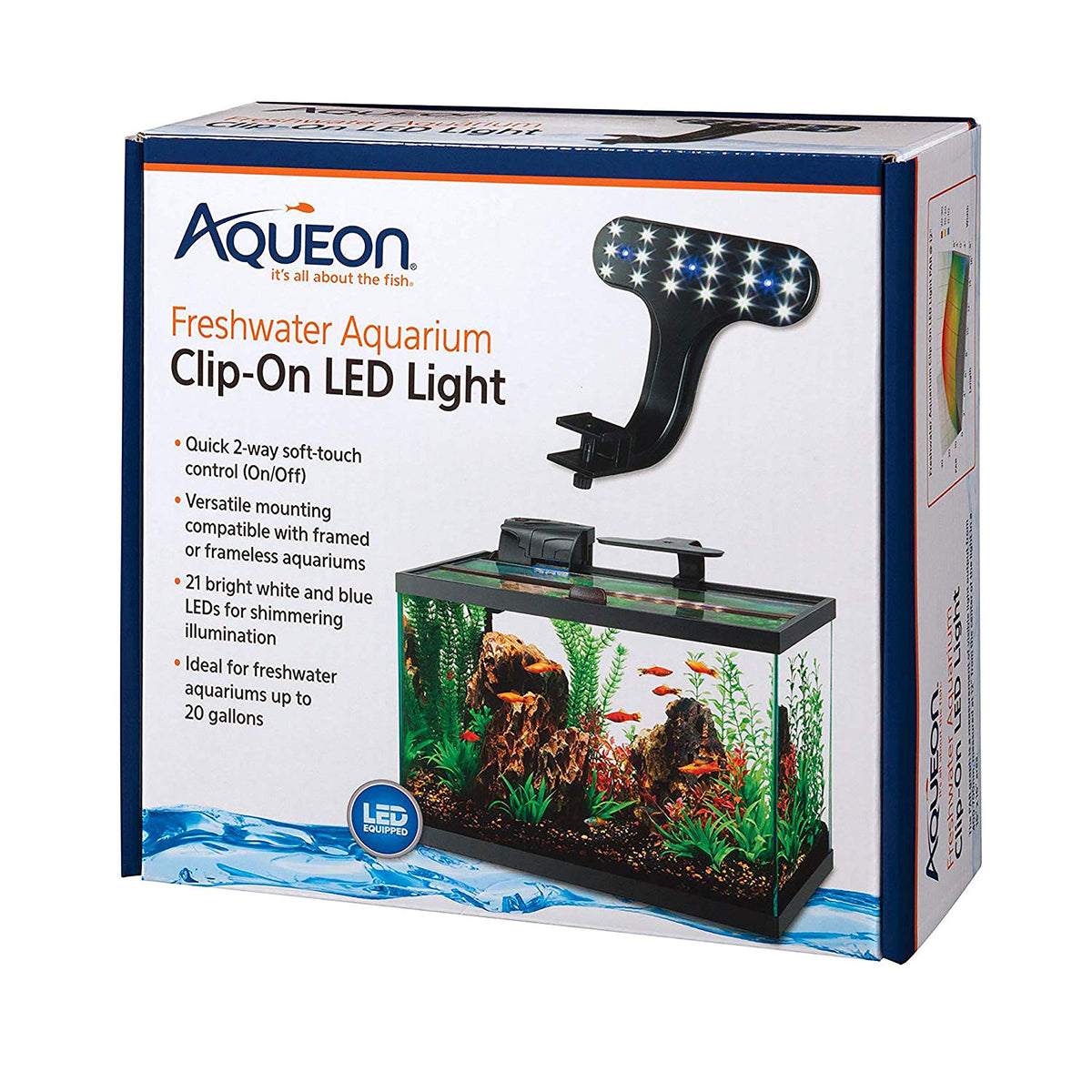 Aqueon freshwater clip-on LED light highlights your aquarium with bright, shimmering illumination.
