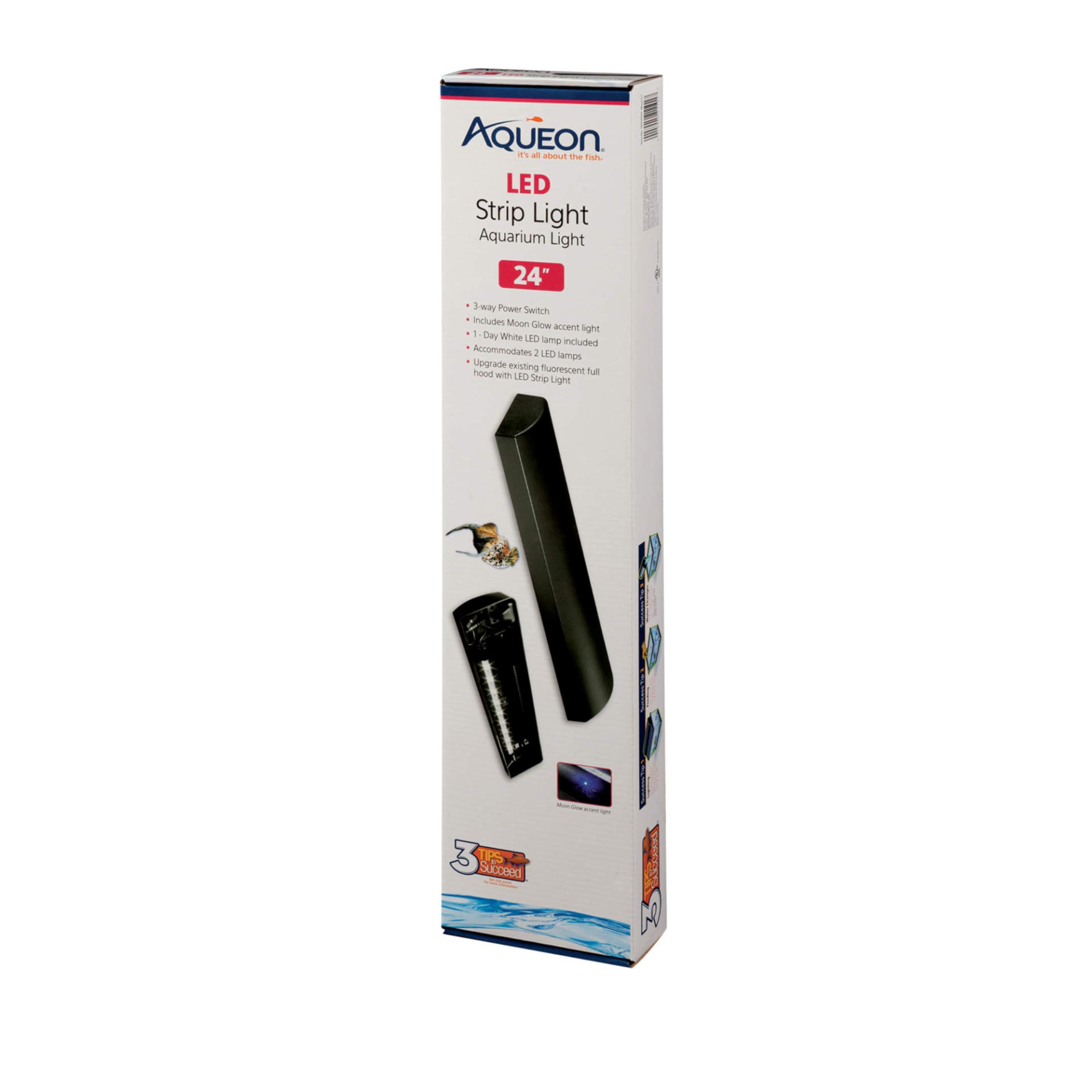Aqueon LED Strip Light 24-inch mounted on a glass hood for bright daytime viewing.