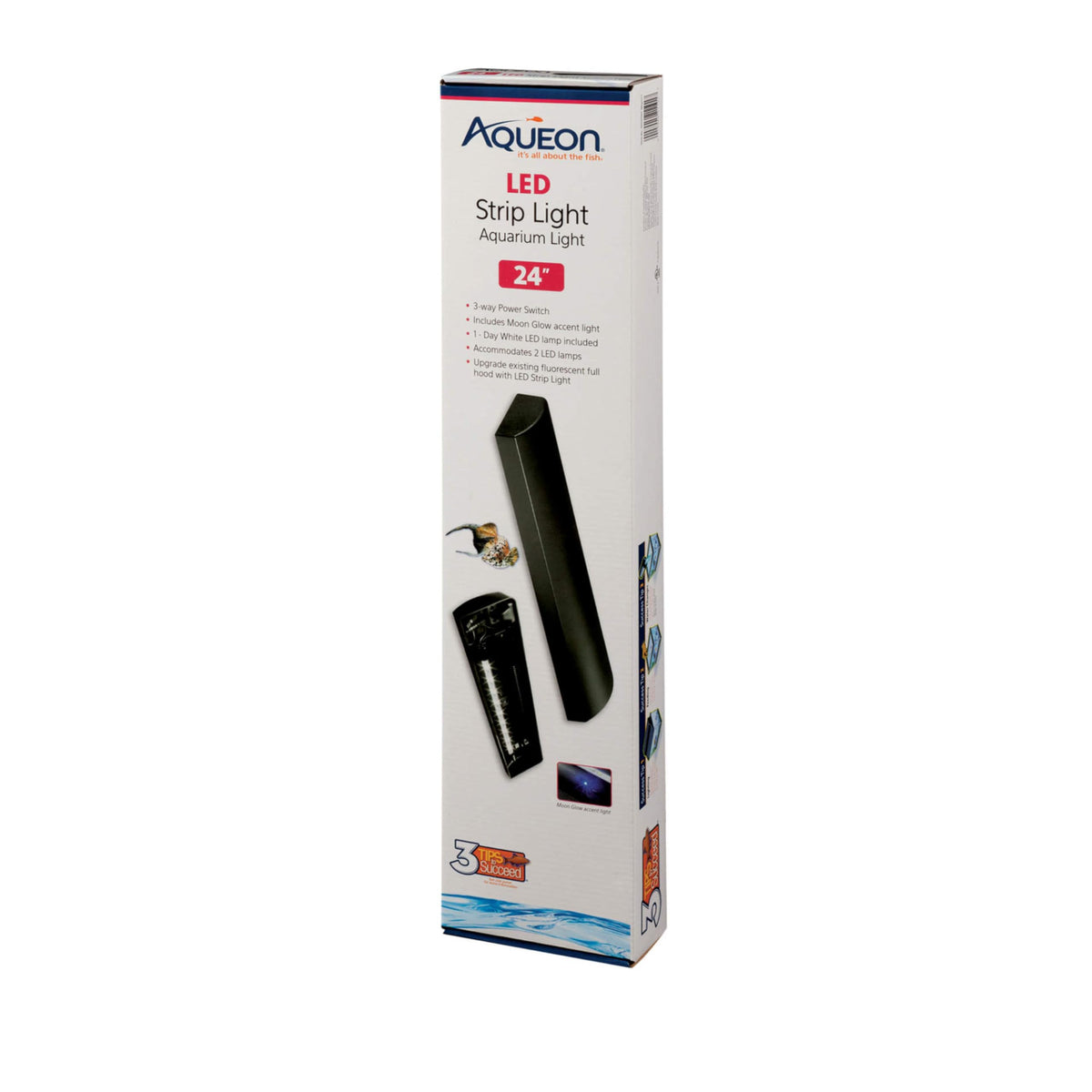 Aqueon LED Strip Light 24-inch mounted on a glass hood for bright daytime viewing.