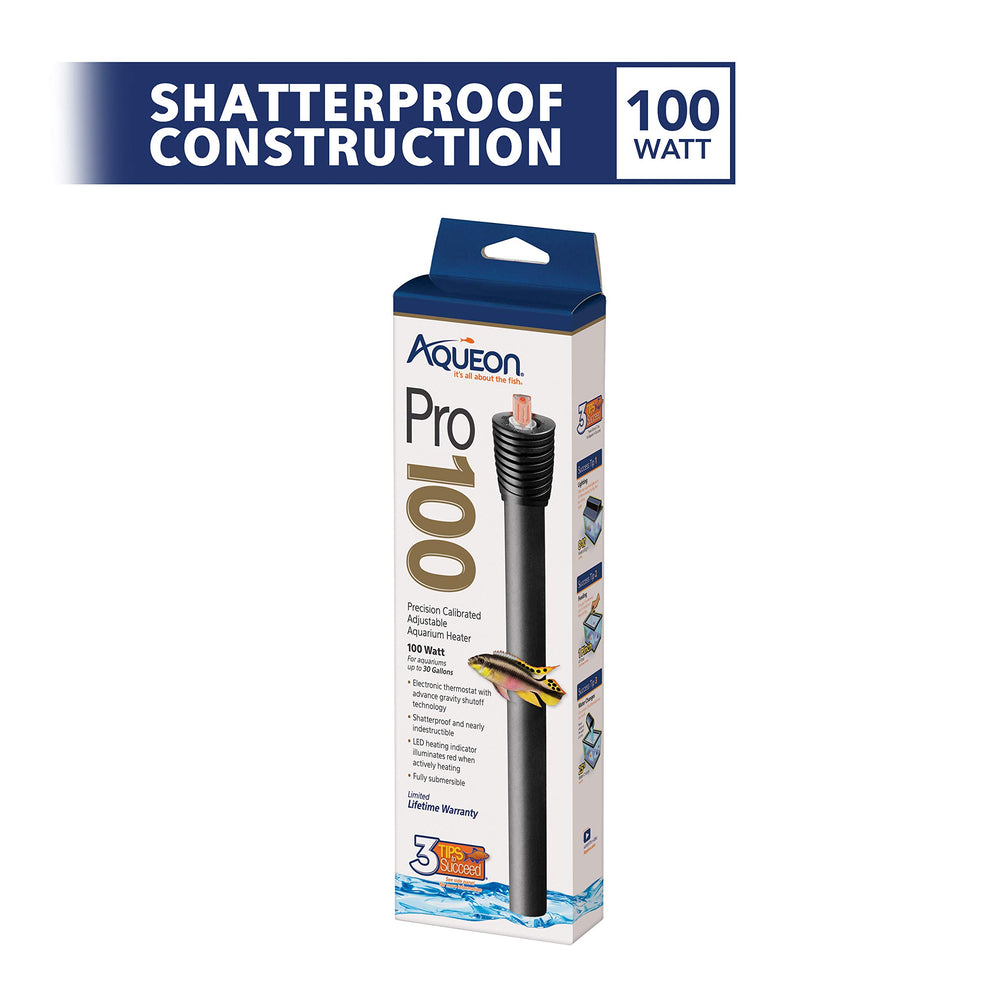 Aqueon Pro 100 electronic thermostat detail highlights precise +/-1° control.