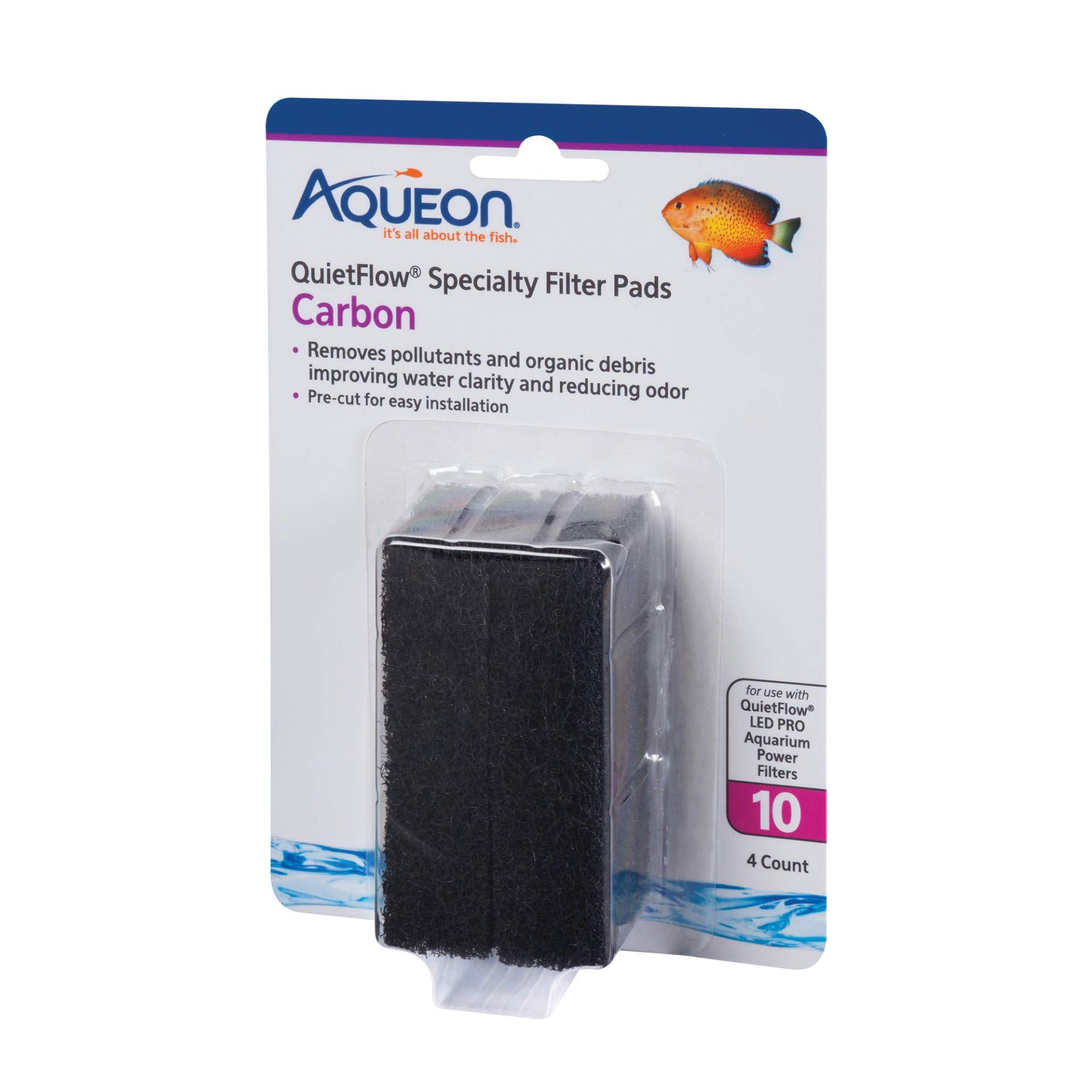 Aqueon QuietFlow carbon pads size 10 filter pads improve water clarity and reduce odor.