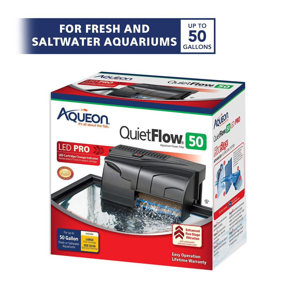 Aqueon QuietFlow 50 LED PRO filtration chamber close up illustrating stages