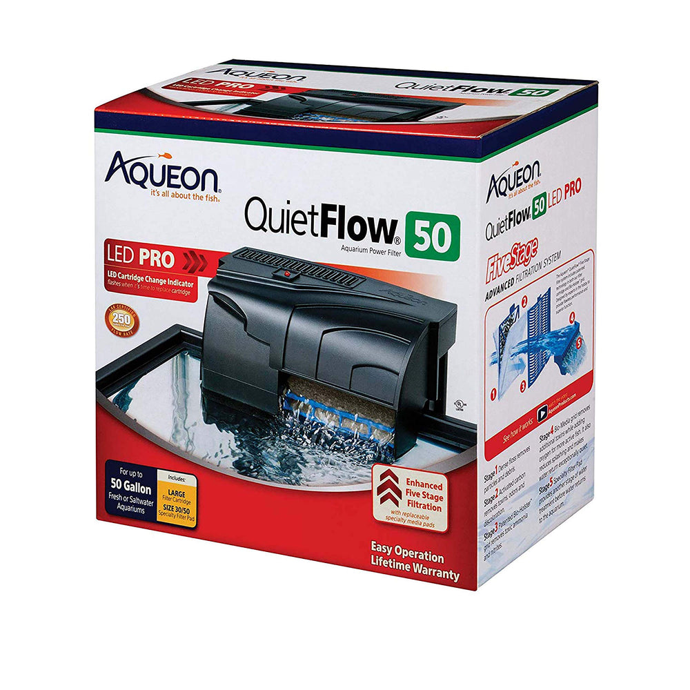 Aqueon QuietFlow 50 LED PRO filter front view showing compact filtration unit
