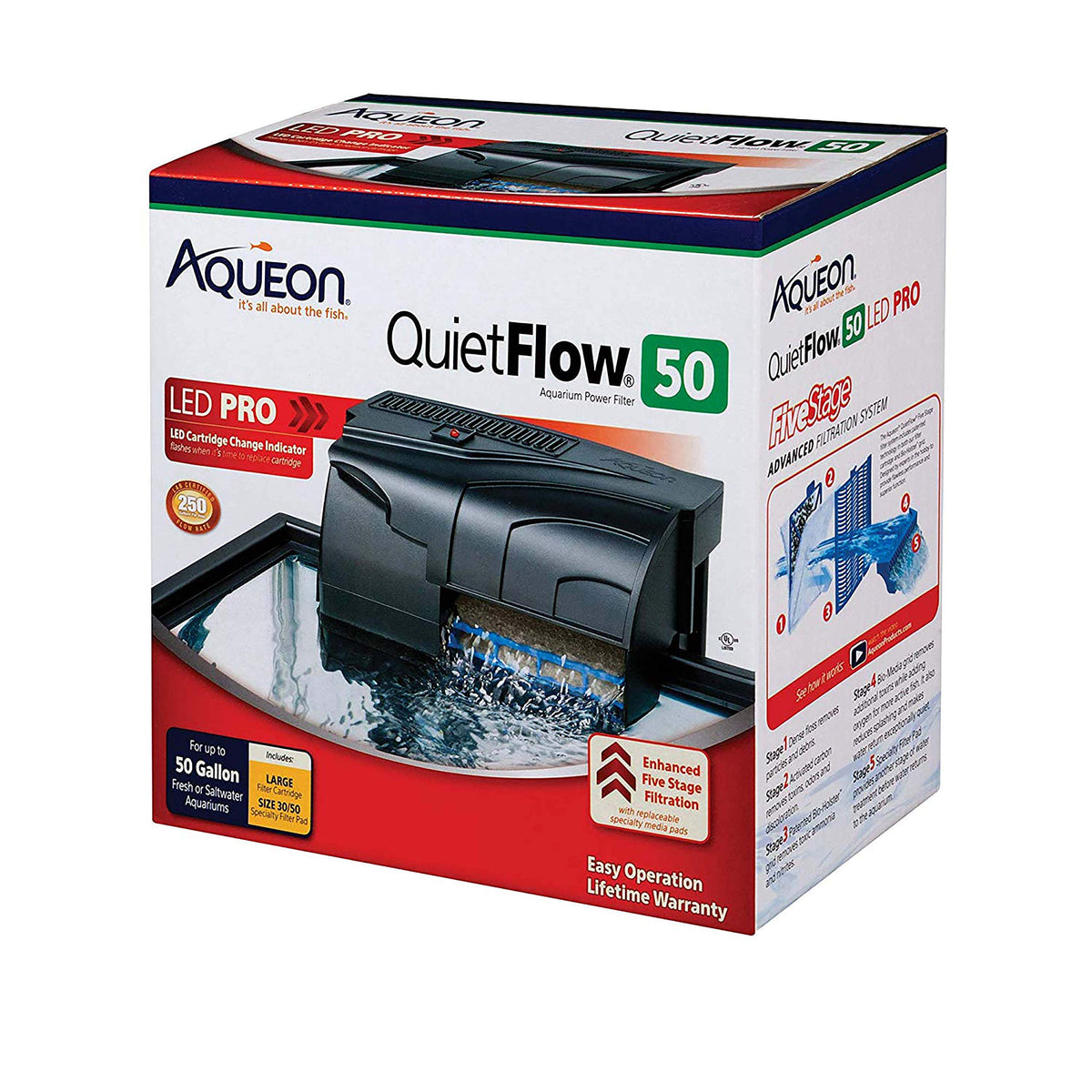 Aqueon QuietFlow 50 LED PRO filter front view showing compact filtration unit