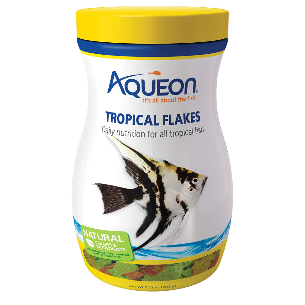 Aqueon Tropical Fish Flakes package front highlights natural ingredients for vibrant color