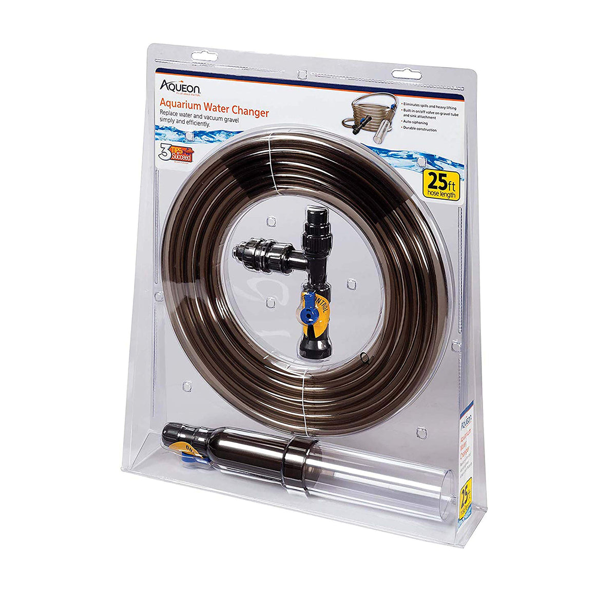 Aqueon water changer hose assembly enables controlled water changes and reduced spills.