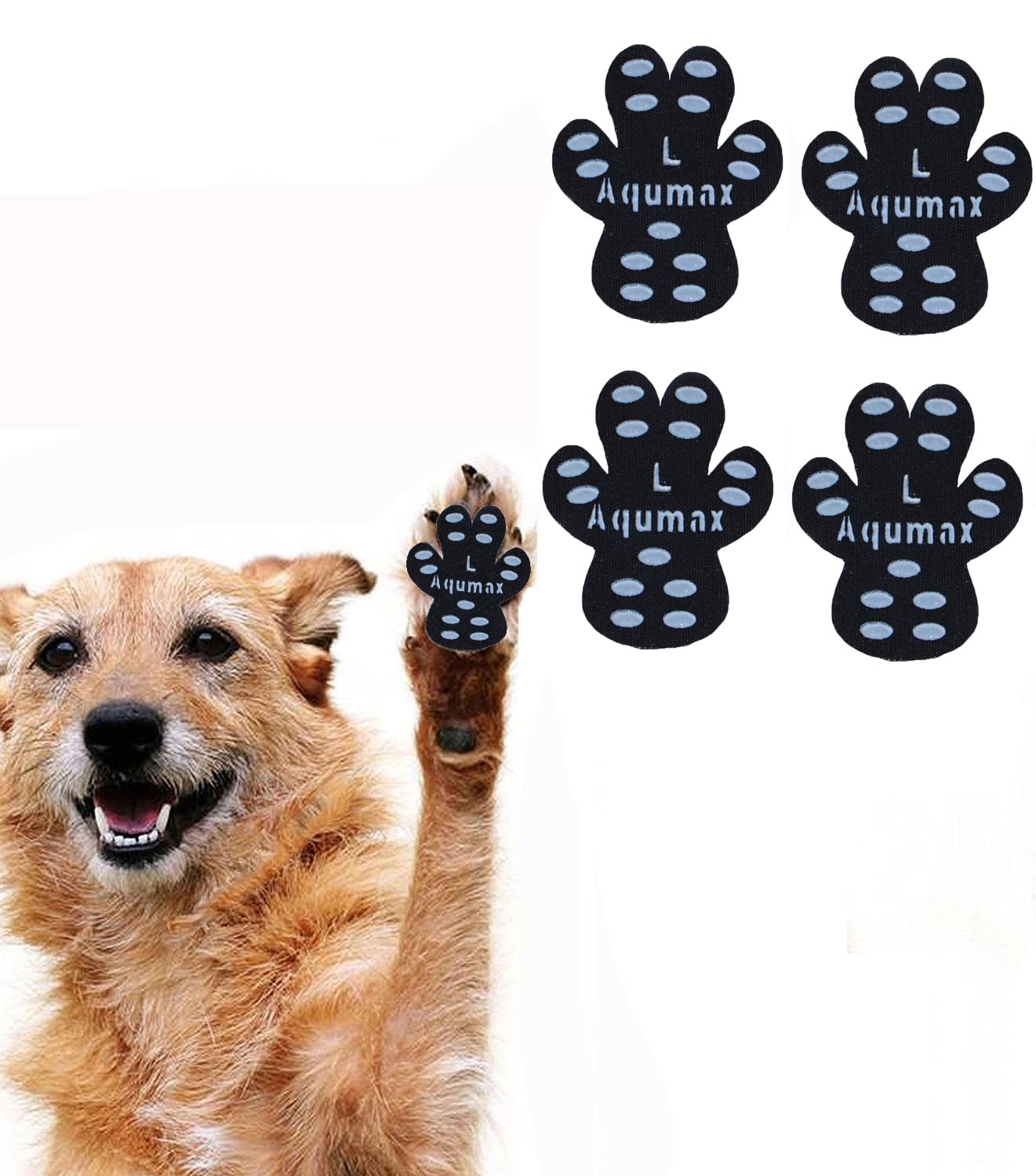 Aqumax dog paw protector anti-slip pads on floor provide secure traction on hardwood floors.