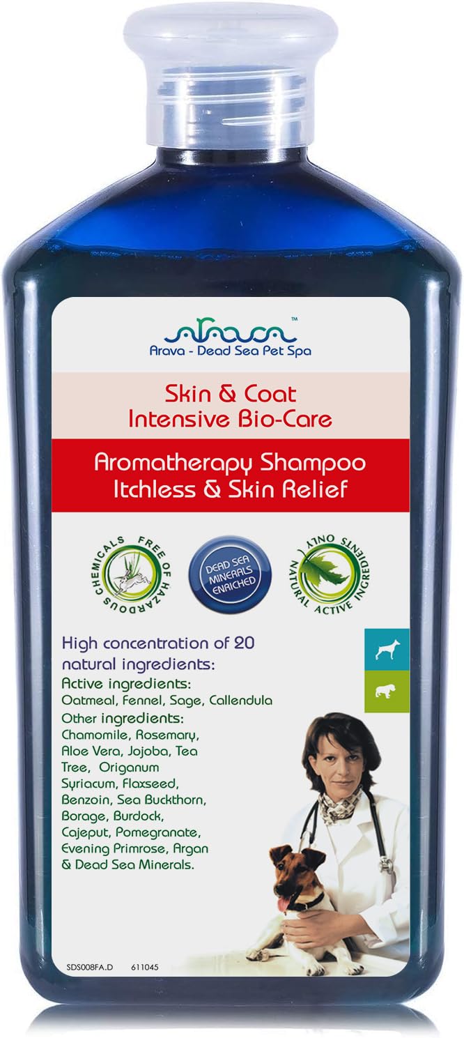 Arava Natural Medicated Dog Shampoo bottle front label with Dead Sea minerals for skin health