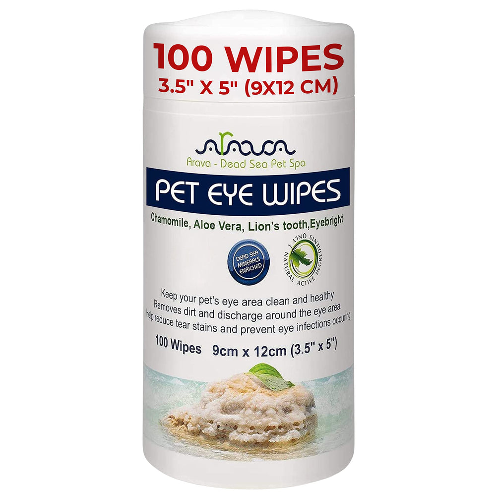 Arava Pet Eye Wipes packaging showcases a 100-count bottle for tear-free eye care