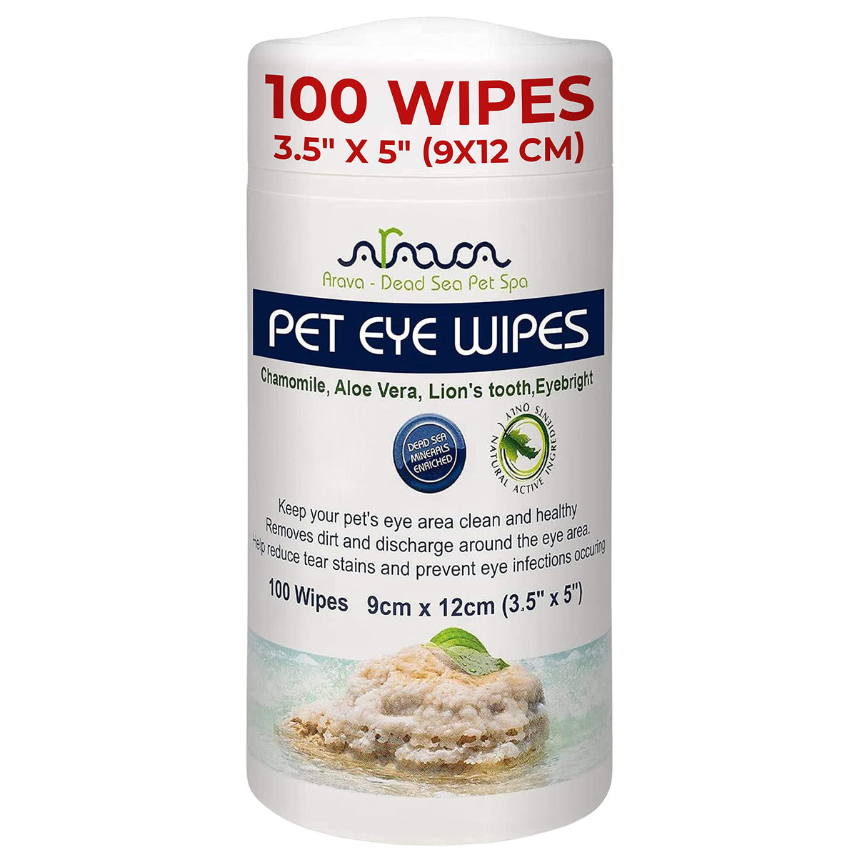Arava Pet Eye Wipes packaging showcases a 100-count bottle for tear-free eye care
