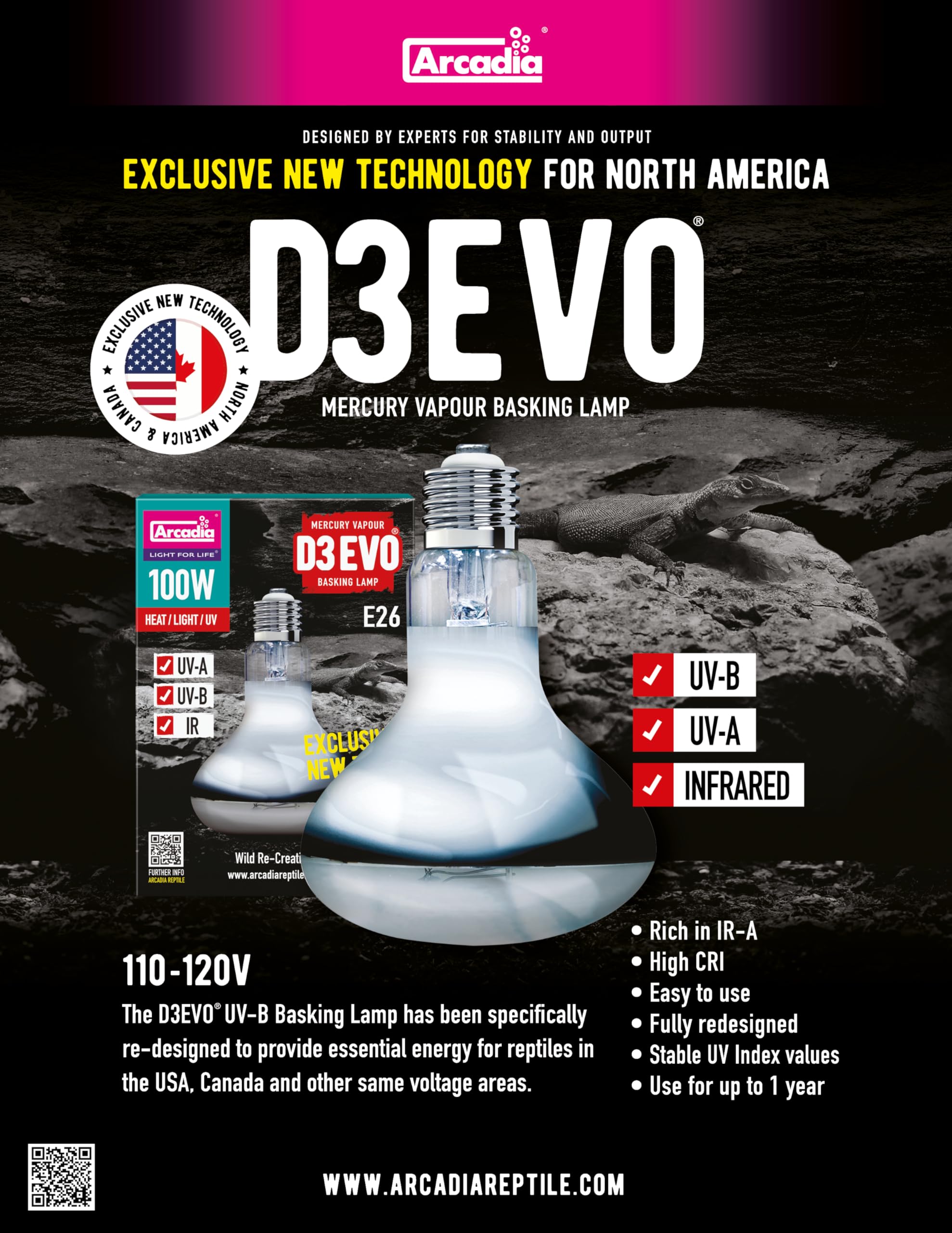 Arcadia D3Evo UV-B Basking Lamp packaging illustrates easy setup and durable build.
