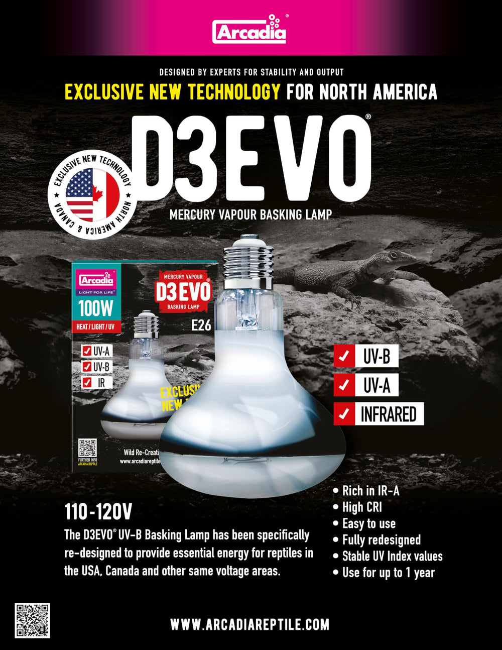 Arcadia D3Evo UV-B Basking Lamp packaging illustrates easy setup and durable build.