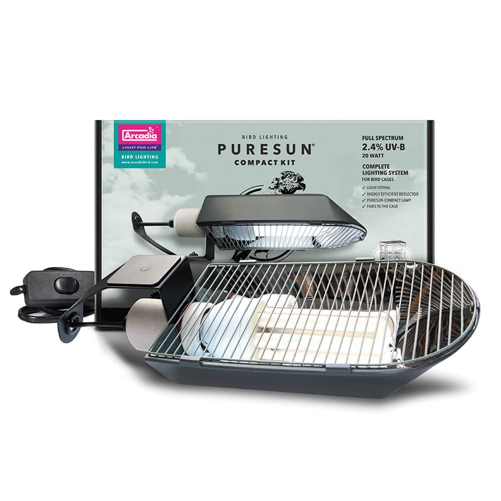 Arcadia Puresun compact bird lighting kit package with included components supports easy setup for healthier aviary lighting