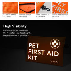 ARCA PET 35-piece kit includes gloves, antiseptic, tweezers, and scissors.