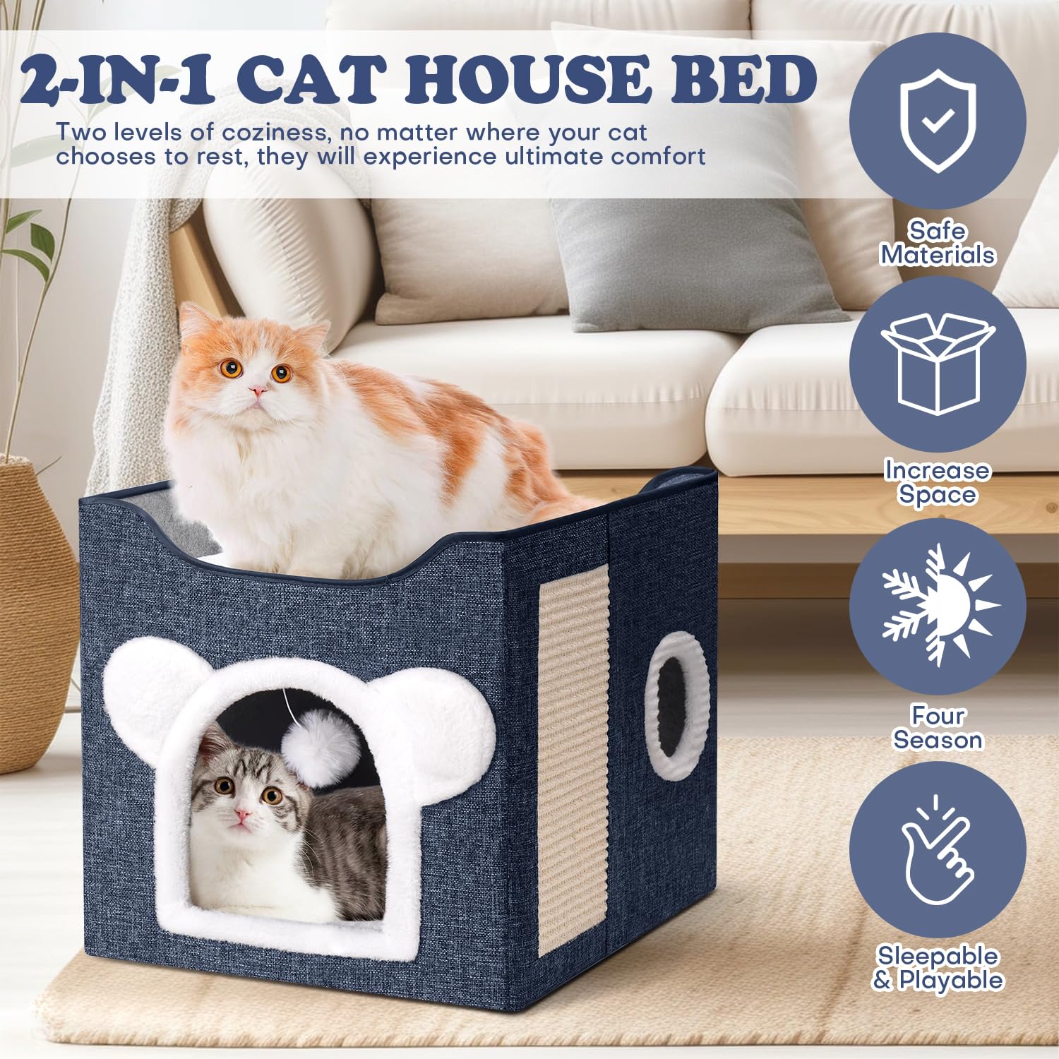 Areerlaf cat bed door with plush ball for interactive play.