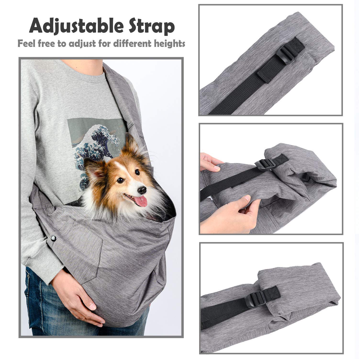 ARELLA dog sling padded-shoulder-strap emphasizes comfort and reduced shoulder fatigue on longer walks.