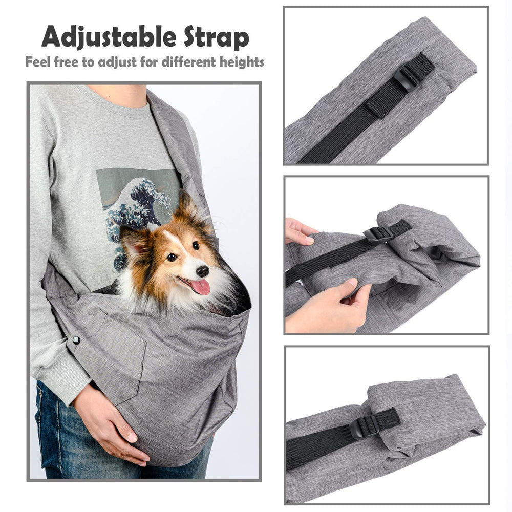 ARELLA dog sling padded-shoulder-strap emphasizes comfort and reduced shoulder fatigue on longer walks.