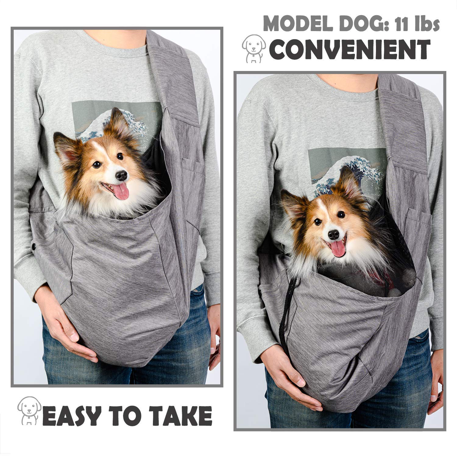 ARELLA dog sling safety-net leash-hook feature keeps small pets secure during errands.