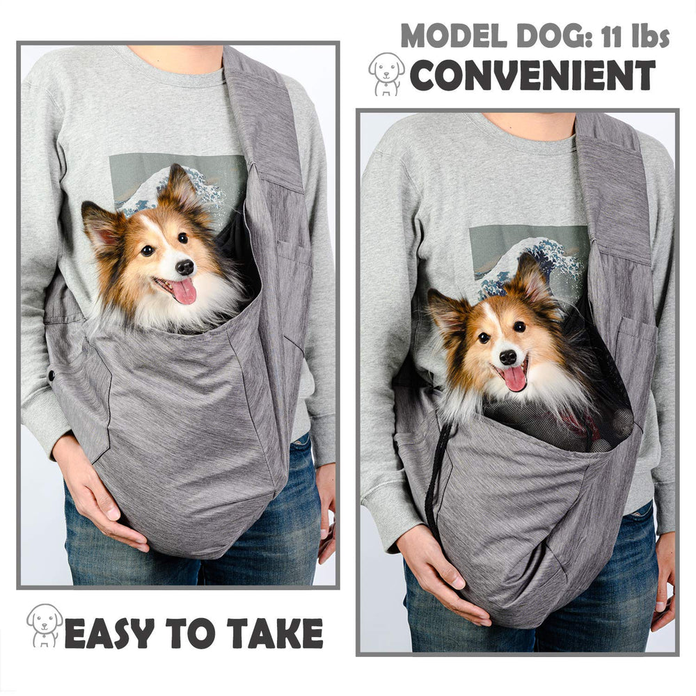 ARELLA dog sling safety-net leash-hook feature keeps small pets secure during errands.