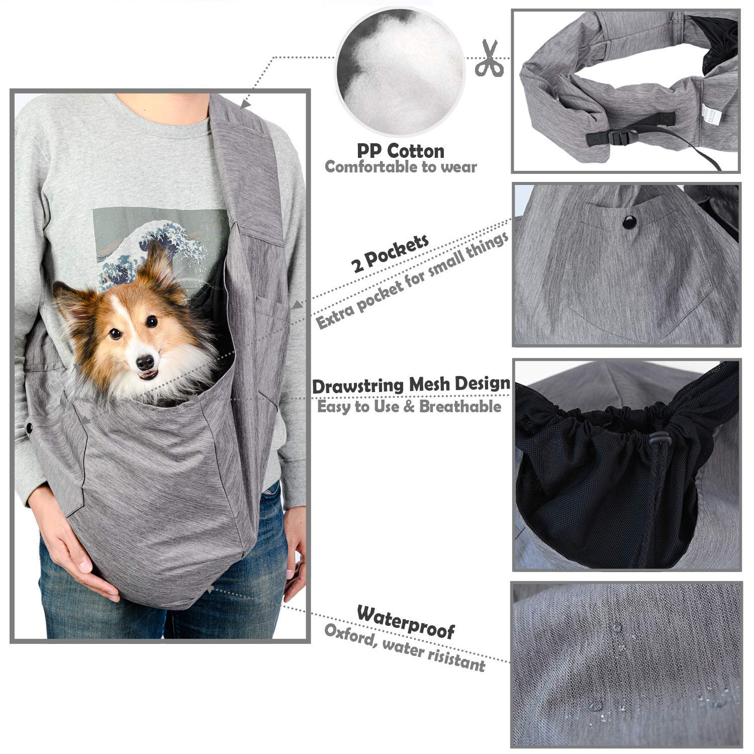 ARELLA dog sling soft-cotton-lining keeps pets cozy and comfortable inside the carrier.