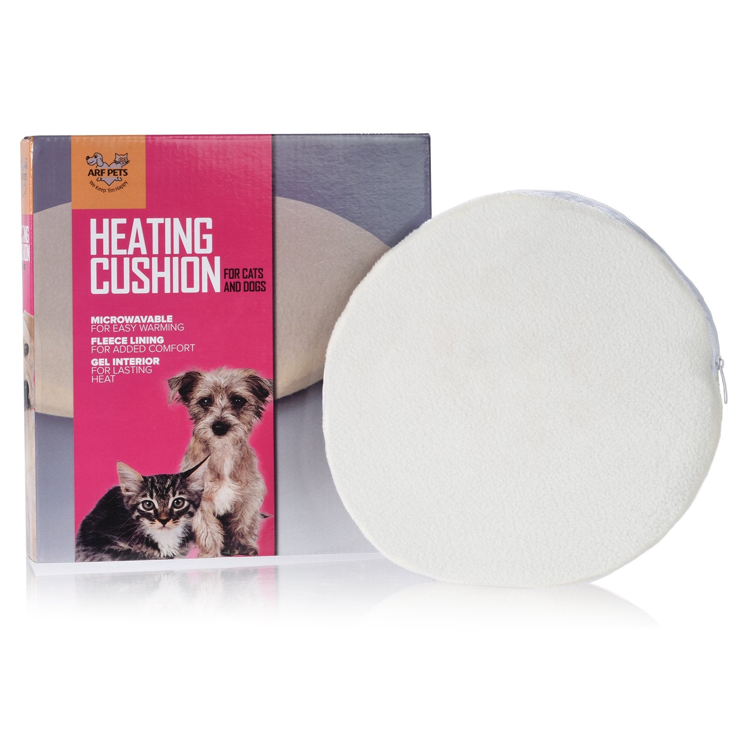 Arf Pets microwavable heating pad closeup shows long-lasting warmth and plush texture.