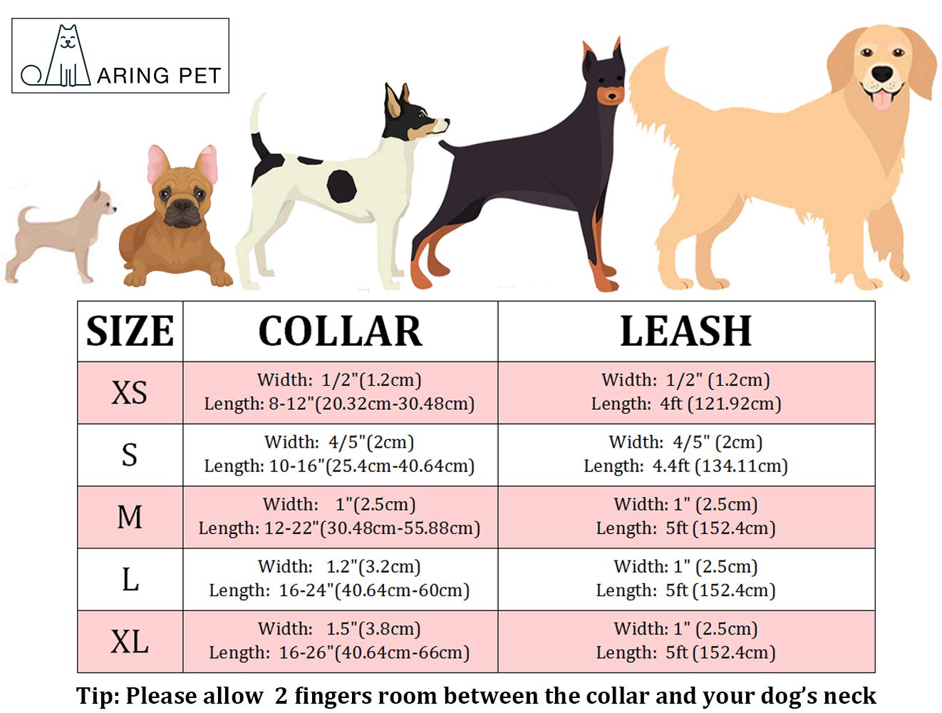 ARING PET adjustable neck size guide image shows proper fit for many dogs