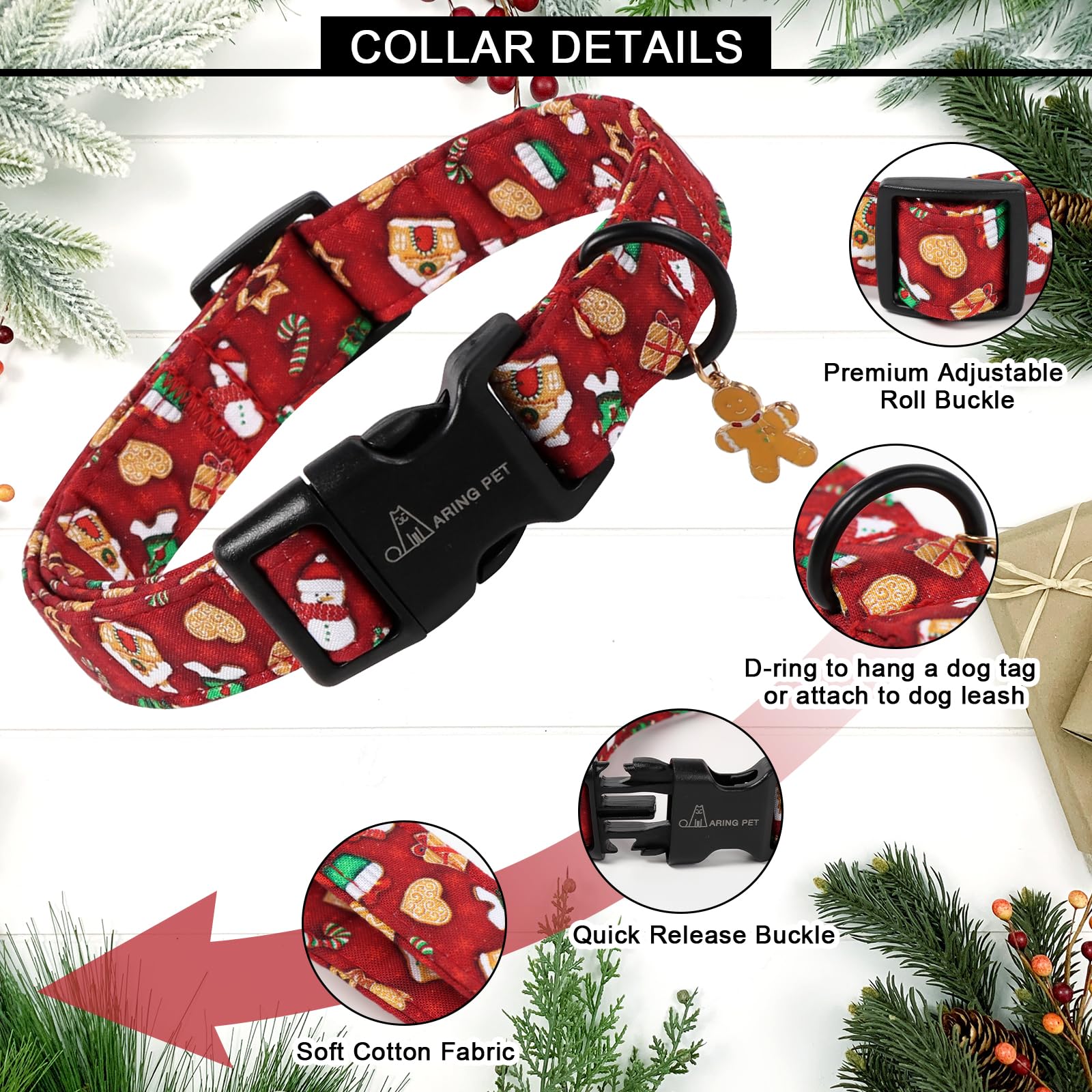 Aring Pet Christmas collar gingerbread-man design; durable cotton for long-lasting festive wear.