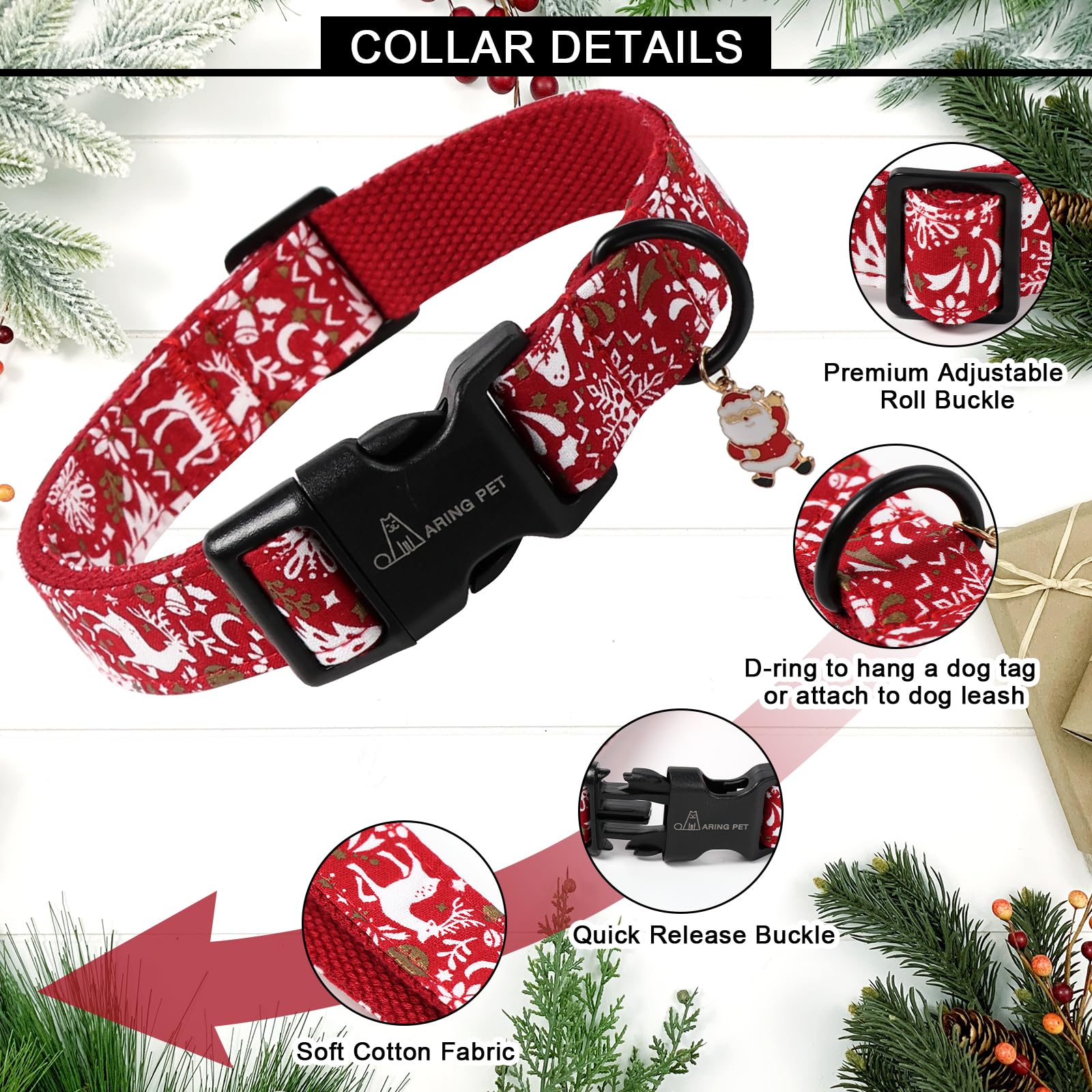 Aring Pet Christmas dog collar with Santa paws design supports secure, stylish holiday for small or large dogs.