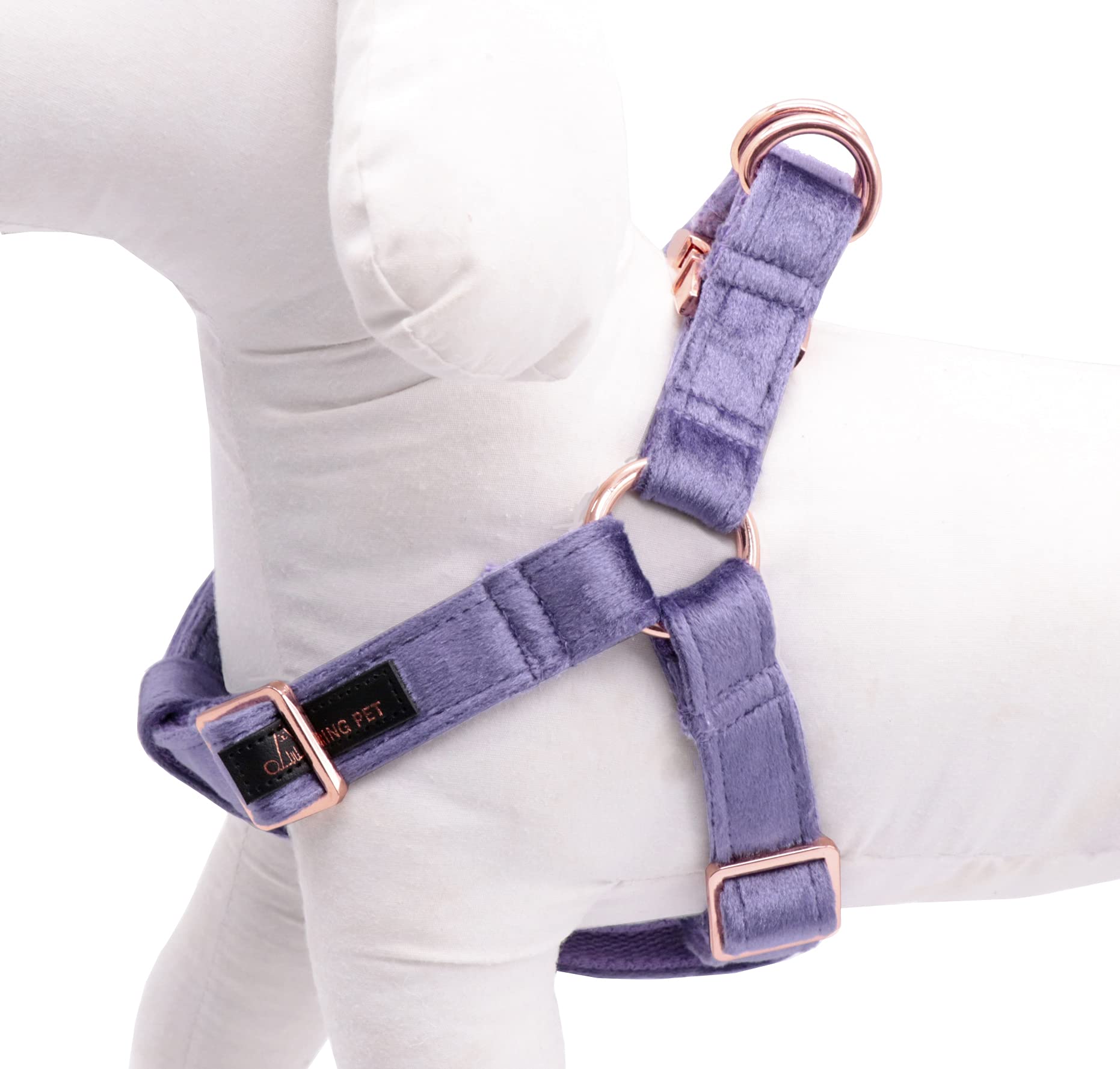 Aring Pet velvet harness with rose-gold buckle showcases durable hardware for long-lasting use.