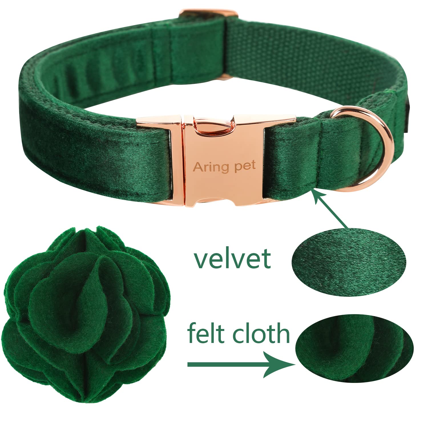 Aring Pet velvet collar includes D-ring for tags and leash attachment