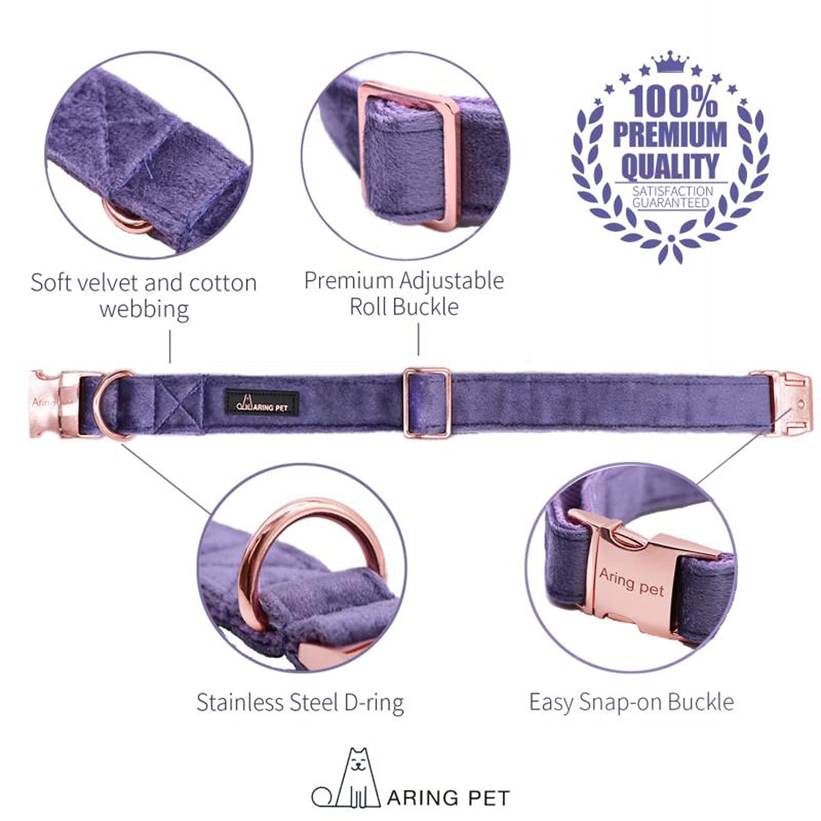 Aring Pet velvet dog collar purple soft fabric for comfortable daily wear.