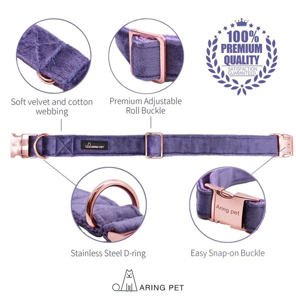 Aring Pet velvet dog collar purple soft fabric for comfortable daily wear.
