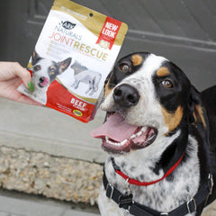 Ark Naturals Joint Rescue beef chew closeup: glucosamine and MSM may support joint comfort during activity.